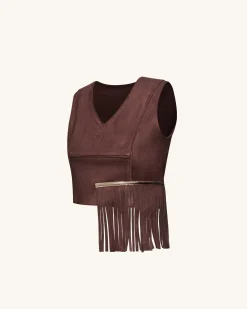 Faux Suede V-Neck Fringe Top - Chocolate Brown