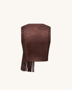 Faux Suede V-Neck Fringe Top - Chocolate Brown