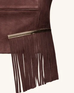 Faux Suede V-Neck Fringe Top - Chocolate Brown