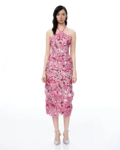 Fiora Halter Neck Floral Embroidered Maxi Dress - Rose Red