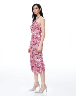 Fiora Halter Neck Floral Embroidered Maxi Dress - Rose Red