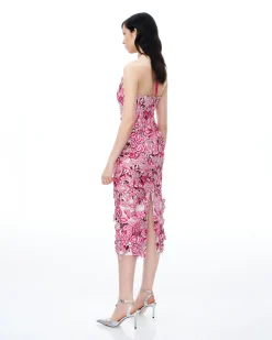 Fiora Halter Neck Floral Embroidered Maxi Dress - Rose Red
