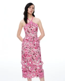 Fiora Halter Neck Floral Embroidered Maxi Dress - Rose Red