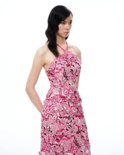 Fiora Halter Neck Floral Embroidered Maxi Dress - Rose Red