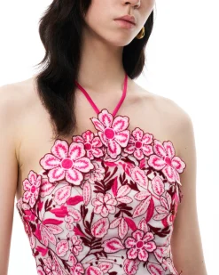 Fiora Halter Neck Floral Embroidered Maxi Dress - Rose Red