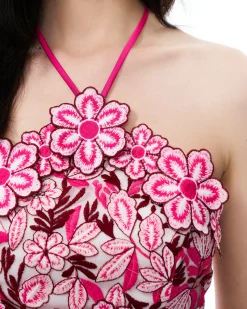 Fiora Halter Neck Floral Embroidered Maxi Dress - Rose Red