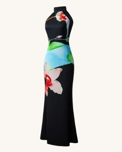 Floral Satin Halter Dress - Multicolor Black