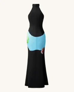 Floral Satin Halter Dress - Multicolor Black