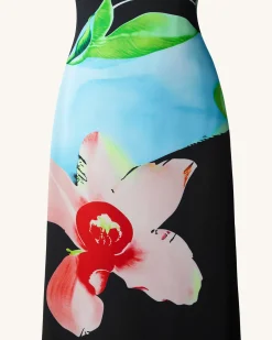 Floral Satin Halter Dress - Multicolor Black