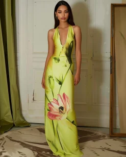 Floral Satin Halter Dress - Yellow/Pink