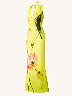 Floral Satin Halter Dress - Yellow/Pink