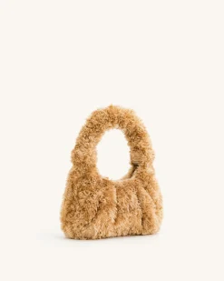 Gabbi Faux Fur Medium Ruched Hobo Handbag - Light Brown