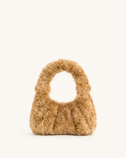 Gabbi Faux Fur Medium Ruched Hobo Handbag - Light Brown