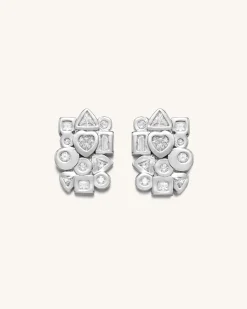 Geometrical Combination Earrings - 18ct White Gold Plated & White Zirc