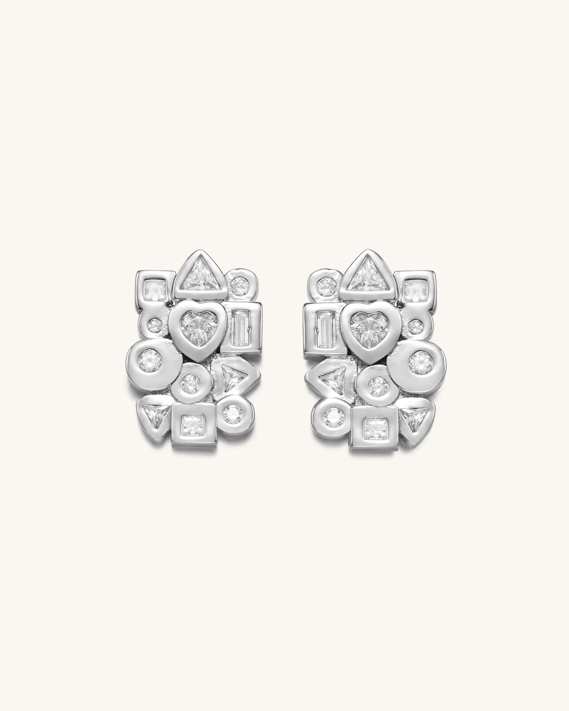 Geometrical Combination Earrings - 18ct White Gold Plated & White Zirc