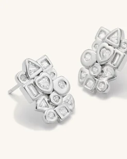 Geometrical Combination Earrings - 18ct White Gold Plated & White Zirc