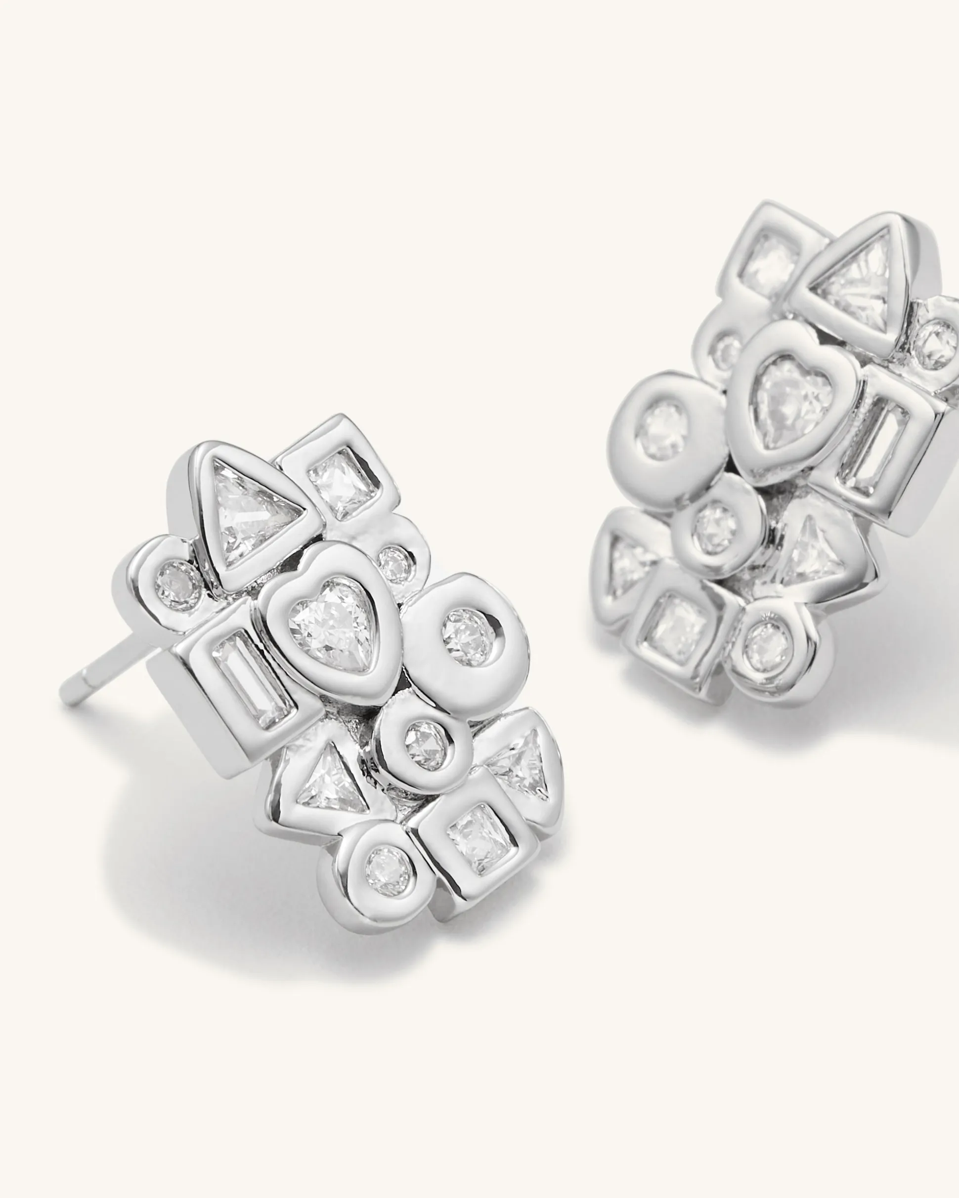 Geometrical Combination Earrings - 18ct White Gold Plated & White Zirc