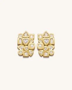 Geometrical Combination Earrings - 18ct Gold Plated & White Zircon