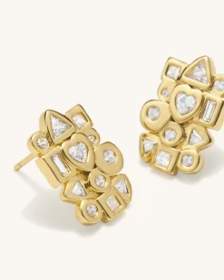 Geometrical Combination Earrings - 18ct Gold Plated & White Zircon
