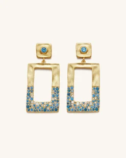 Geometrical Openwork Rectangle Earrings - 18ct Gold Plated & Sea Blue