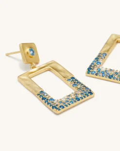 Geometrical Openwork Rectangle Earrings - 18ct Gold Plated & Sea Blue