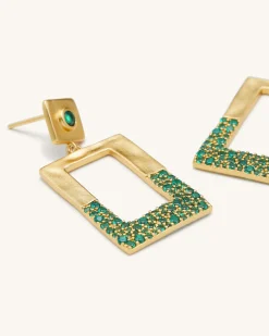 Geometrical Openwork Rectangle Earrings - 18ct Gold Plated & Green Nan