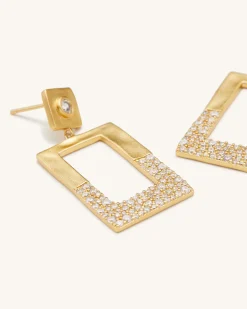 Geometrical Openwork Rectangle Earrings - 18ct Gold Plated & White Zir