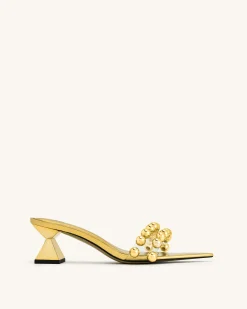 Gianna Beaded Strap Mules - Gold