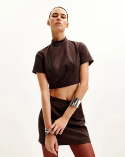 Grace Faux Suede Crop Top and Mini Skirt Set - Chocolate Brown