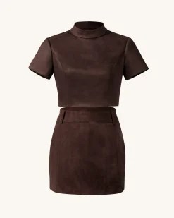 Grace Faux Suede Crop Top and Mini Skirt Set - Chocolate Brown