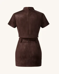 Grace Faux Suede Crop Top and Mini Skirt Set - Chocolate Brown