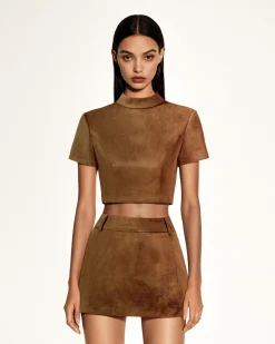 Grace Faux Suede Crop Top and Mini Skirt Set - Camel