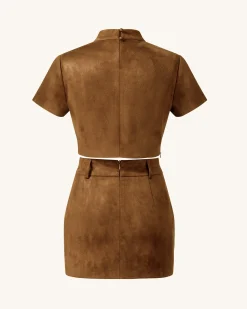 Grace Faux Suede Crop Top and Mini Skirt Set - Camel