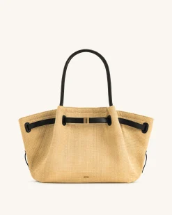 Hana Medium Faux Straw Tote Bag - Brown Straw