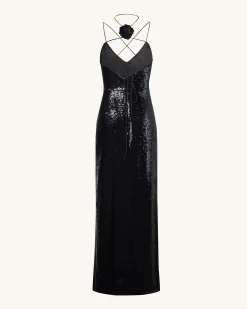 Heisey Black Sequinned Rosette Maxi Dress - Black