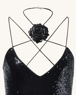 Heisey Black Sequinned Rosette Maxi Dress - Black