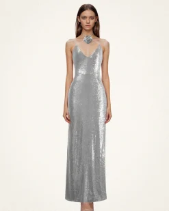 Heisey Silver Sequinned Rosette Maxi Dress - Silver