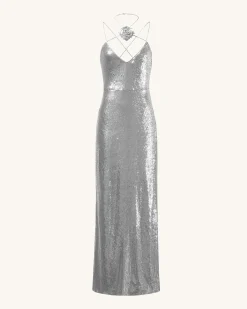 Heisey Silver Sequinned Rosette Maxi Dress - Silver