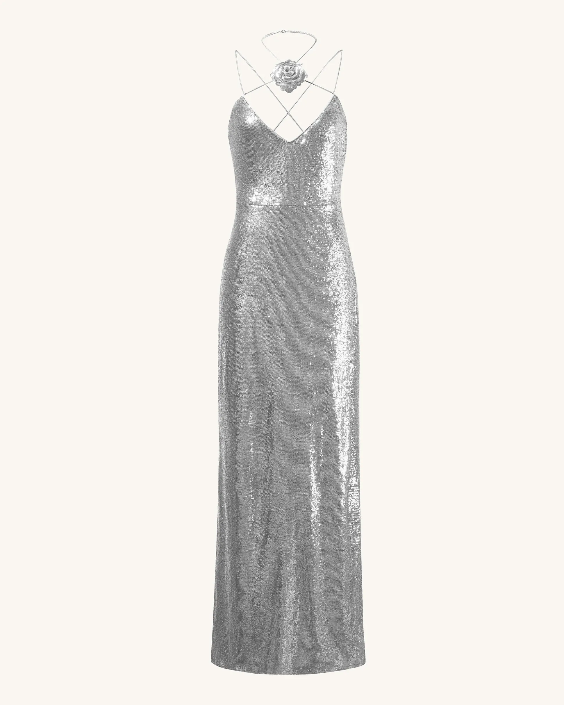 Heisey Silver Sequinned Rosette Maxi Dress - Silver