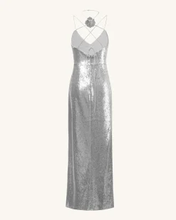 Heisey Silver Sequinned Rosette Maxi Dress - Silver
