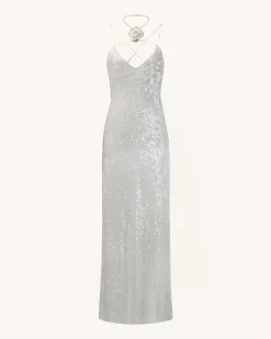 Heisey White Sequinned Rosette Maxi Dress - White