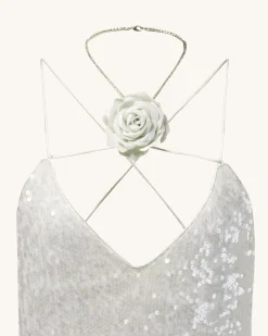 Heisey White Sequinned Rosette Maxi Dress - White