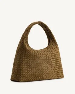 Iaura Faux Suede Woven Shoulder Bag - Olive Green