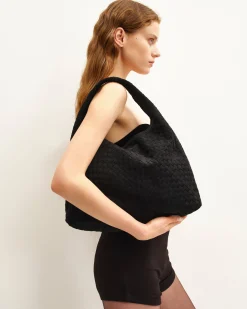 Iaura Faux Suede Woven Shoulder Bag - Black