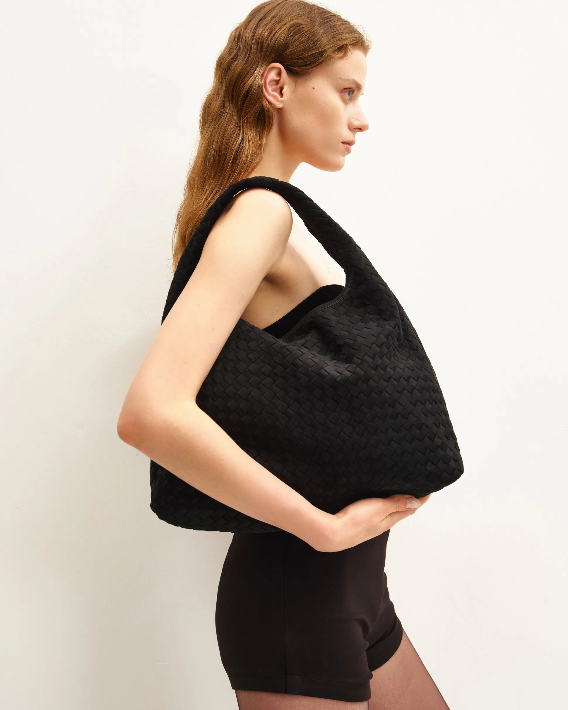 Iaura Faux Suede Woven Shoulder Bag - Black