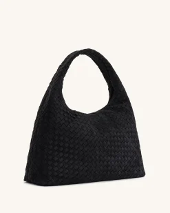 Iaura Faux Suede Woven Shoulder Bag - Black