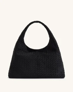 Iaura Faux Suede Woven Shoulder Bag - Black