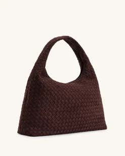 Iaura Faux Suede Woven Shoulder Bag - Dark Brown