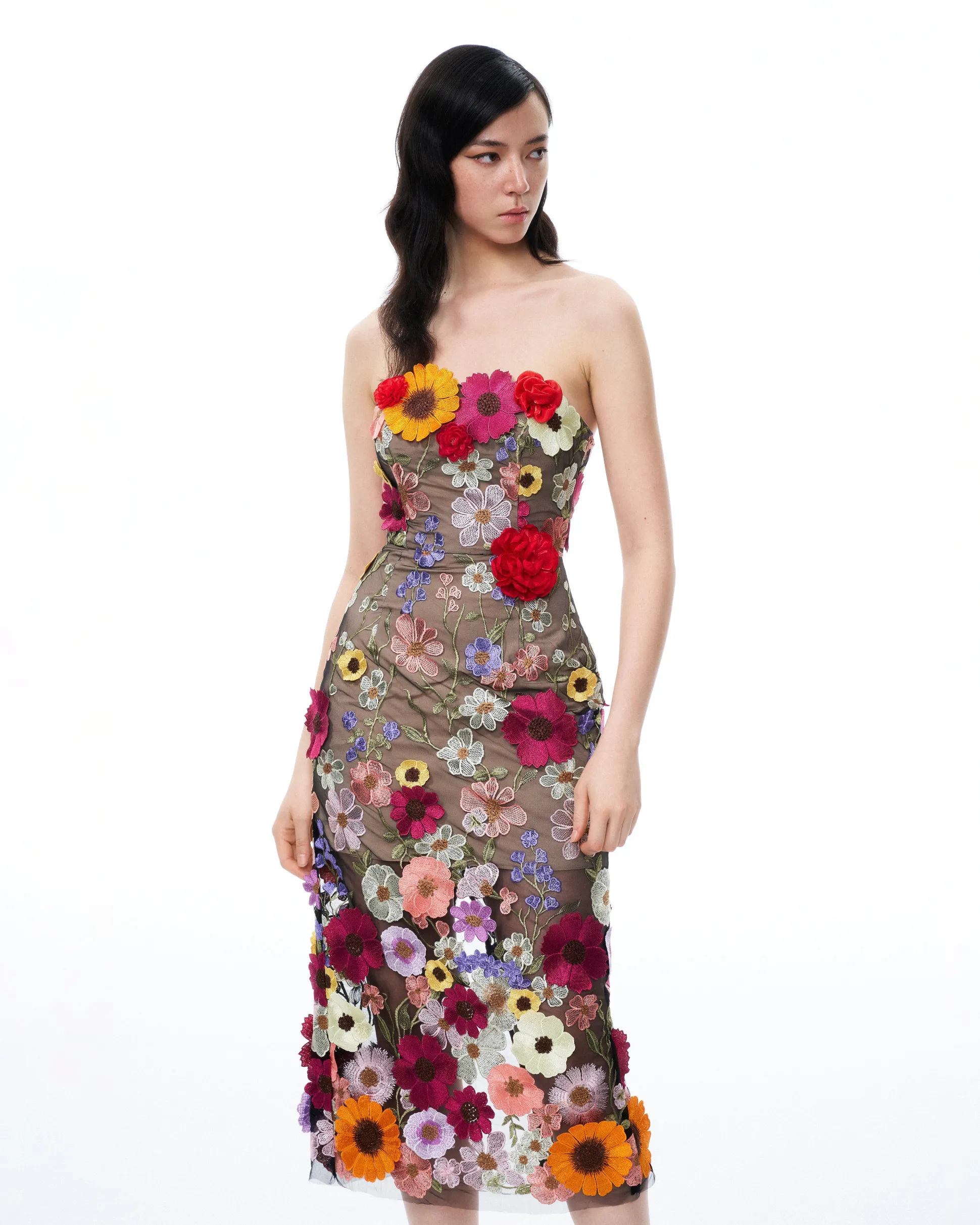 Isolde 3D Floral Embroidered Maxi Dress - Black Multi