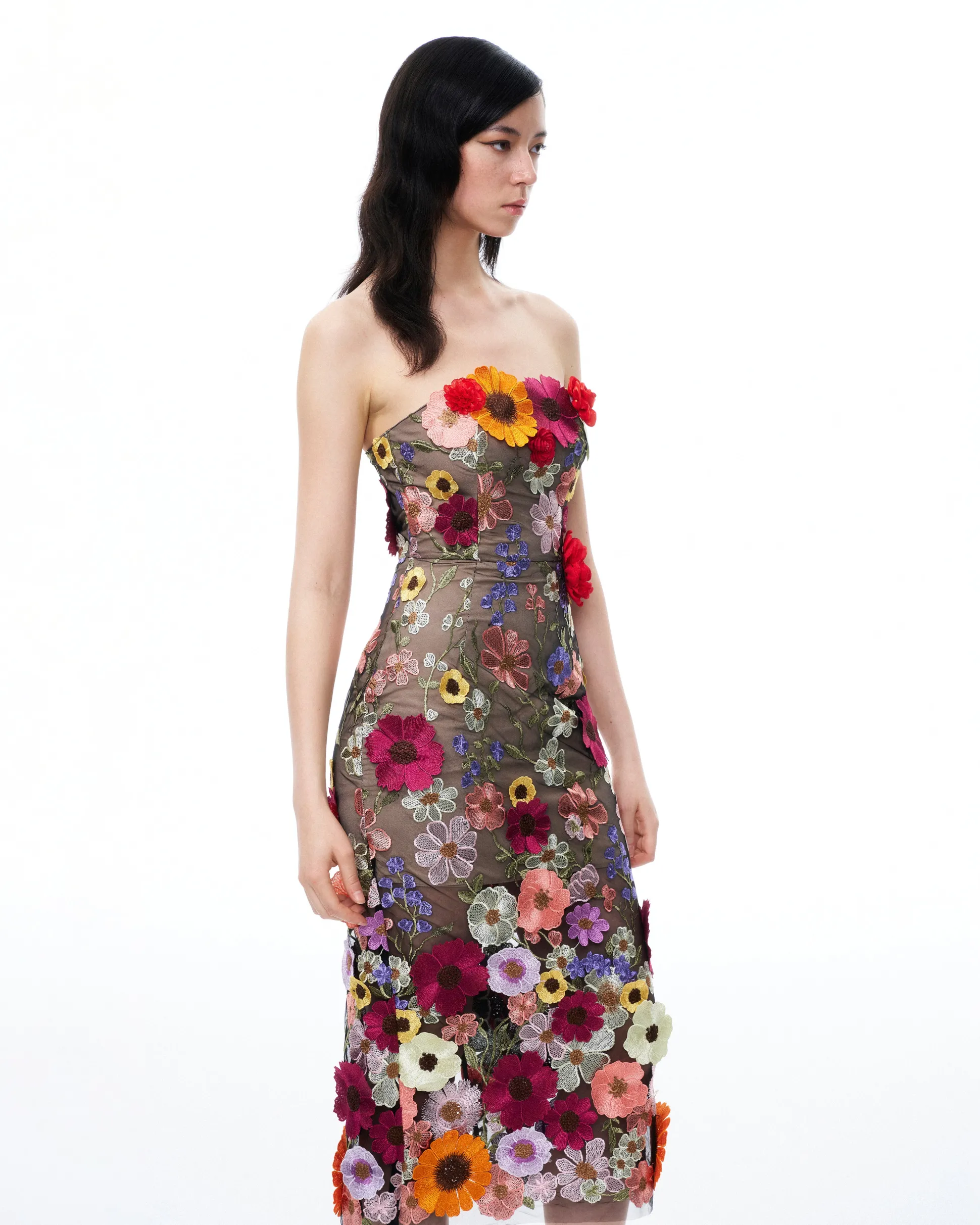 Isolde 3D Floral Embroidered Maxi Dress - Black Multi